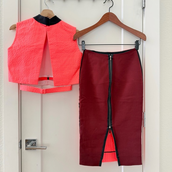 Victoria Beckham Neon Orange Sleeveless Cropped Top Matching Pencil Skirt Sz 2 - Picture 3 of 12